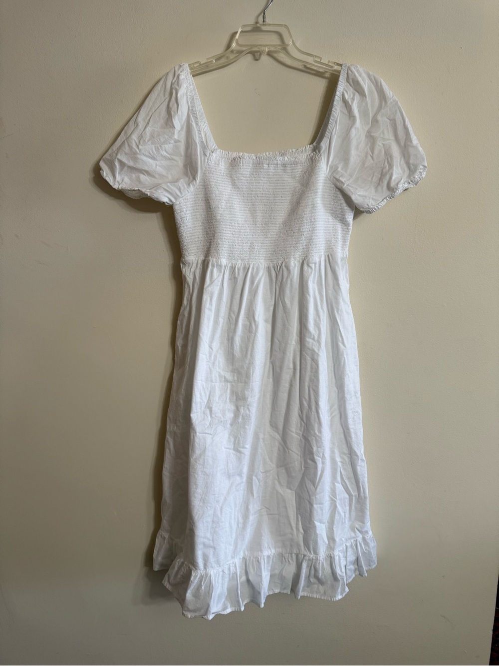 J.CREW L Smocked Puff Sleeve Ruffle Square Neck Midi Dress Cotton White Women's